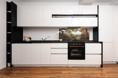 Stunning glass wall art - Wide format  backsplash with magnetic properties:  Mountain Misty Valley