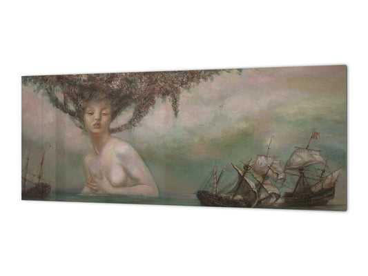 Stunning glass wall art - Wide format  backsplash with magnetic properties:   Water goddess