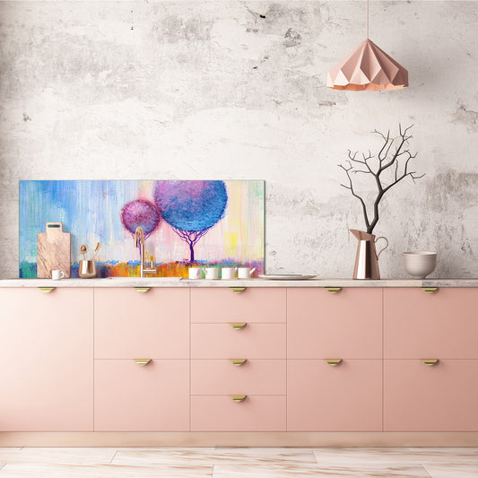 Tempered Glass magnetic and non magnetic splashback in wide-format: Landscape ornamental trees