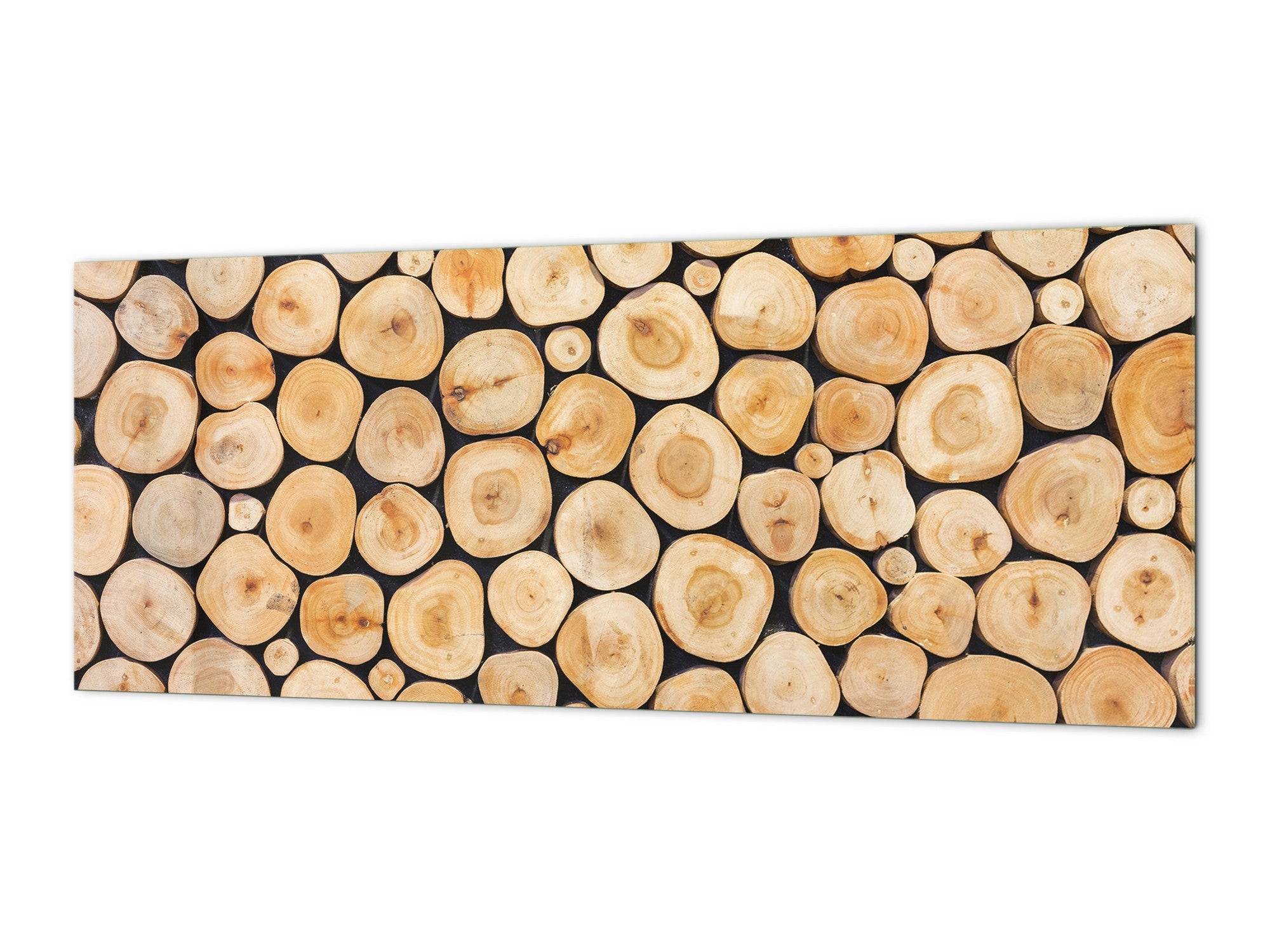 Tempered Glass magnetic and non magnetic splashback in wide-format: Wood log pile