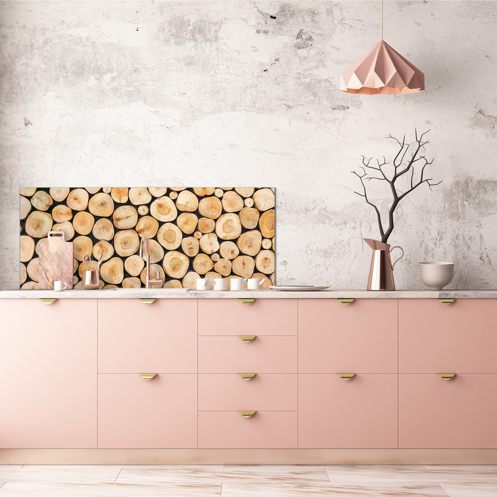 Tempered Glass magnetic and non magnetic splashback in wide-format: Wood log pile