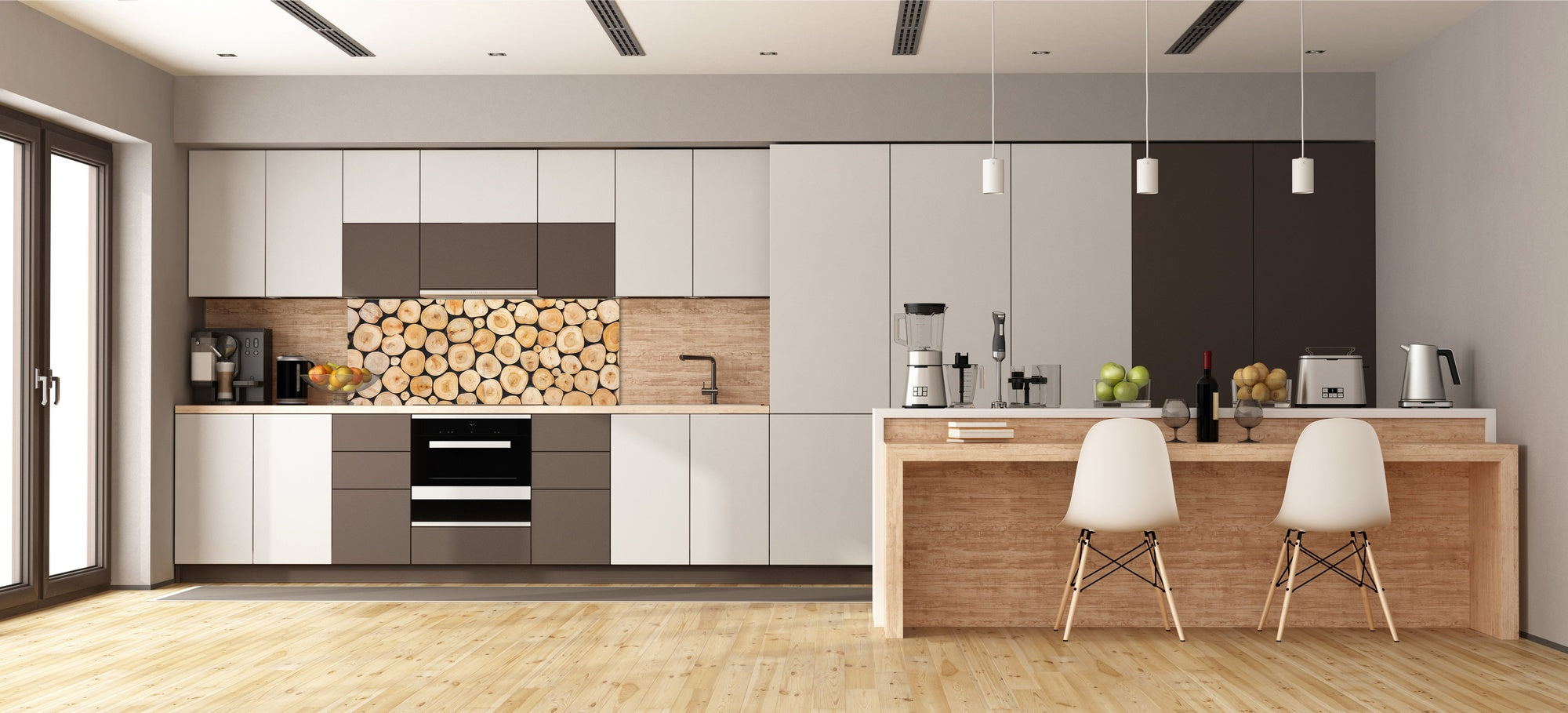 Tempered Glass magnetic and non magnetic splashback in wide-format: Wood log pile