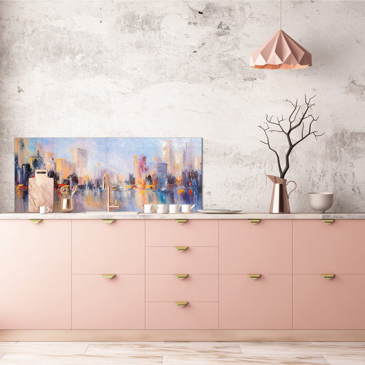 Tempered Glass magnetic and non magnetic splashback in wide-format: City landscape in water