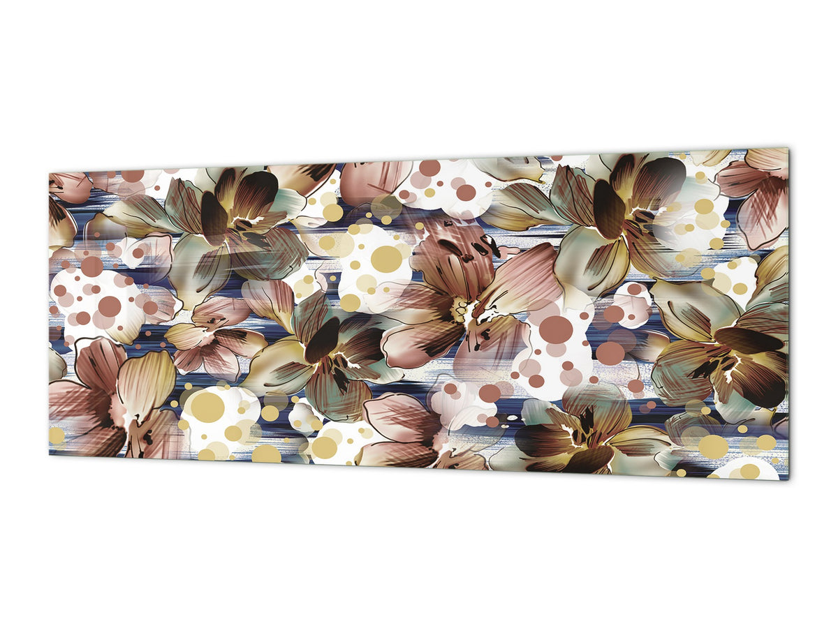 Panel de cocina de vidrio con y sin revestimiento posterior de acero inoxidable: Geometría floral 