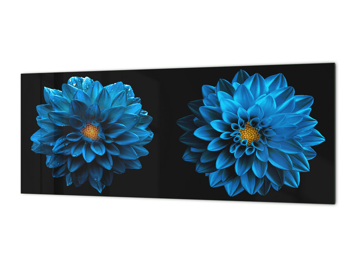 Glass kitchen panel with and w/o stainless steel back-coating: Blue dahlia flowers