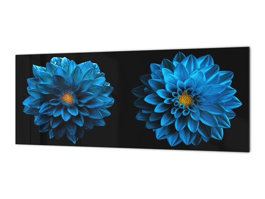 Glass kitchen panel with and w/o stainless steel back-coating: Blue dahlia flowers