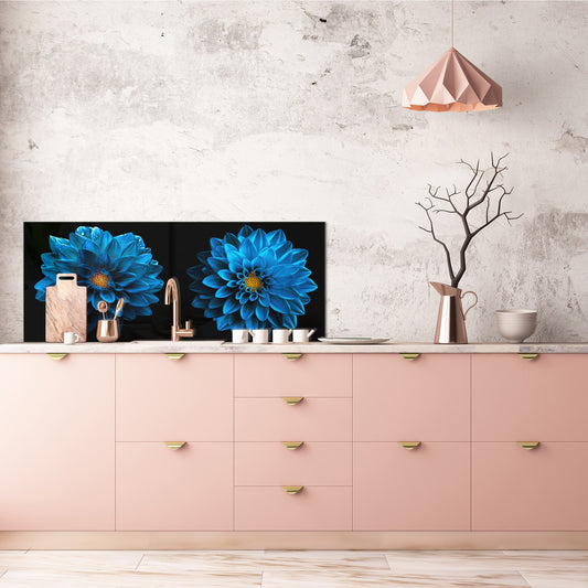 Glass kitchen panel with and w/o stainless steel back-coating: Blue dahlia flowers