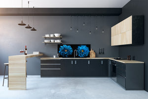Glass kitchen panel with and w/o stainless steel back-coating: Blue dahlia flowers