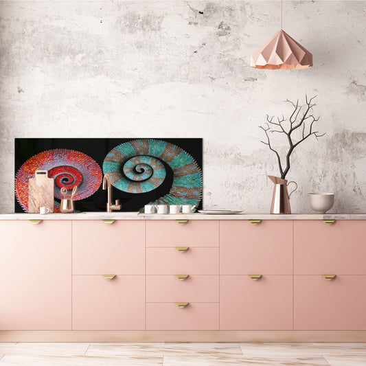 Glass kitchen panel with and w/o stainless steel back-coating: Chameleon tails