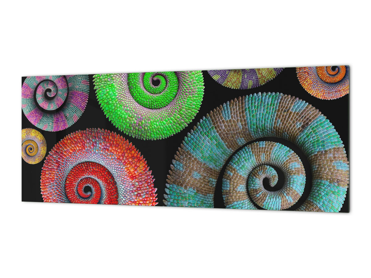 Glass kitchen panel with and w/o stainless steel back-coating: Chameleon tails 2