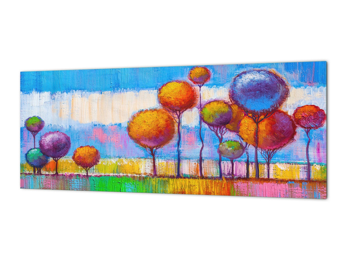 Glass backsplash w/ and w/o metal sheet backing with magnetic properties:  Landscape trees in park