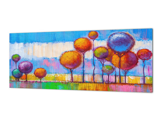 Glass backsplash w/ and w/o metal sheet backing with magnetic properties:  Landscape trees in park