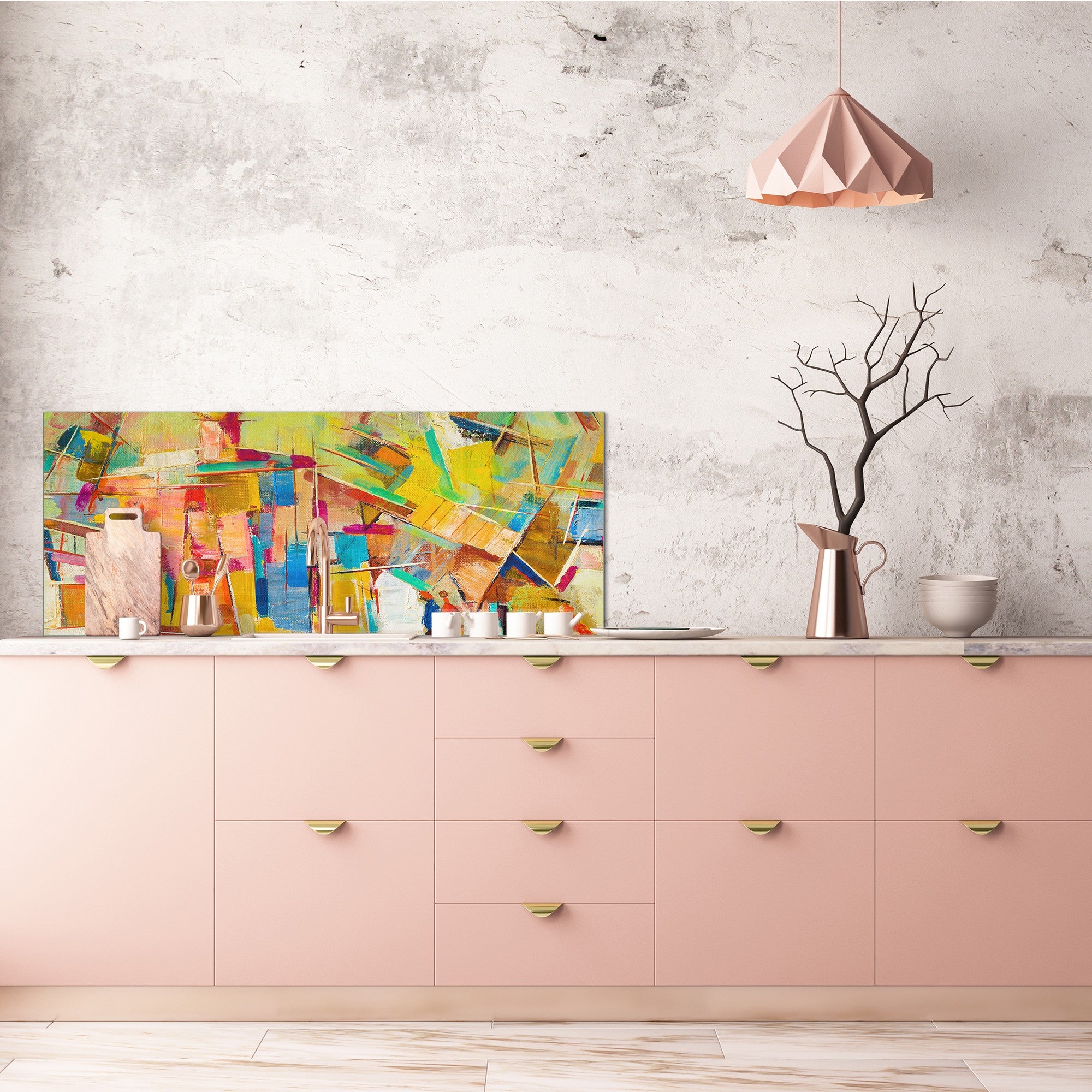 Glass backsplash w/ and w/o metal sheet backing with magnetic properties:  Abstrac oil painting