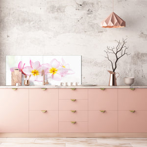 Glass backsplash w/ and w/o metal sheet backing with magnetic properties:  Blossoming exotic rose