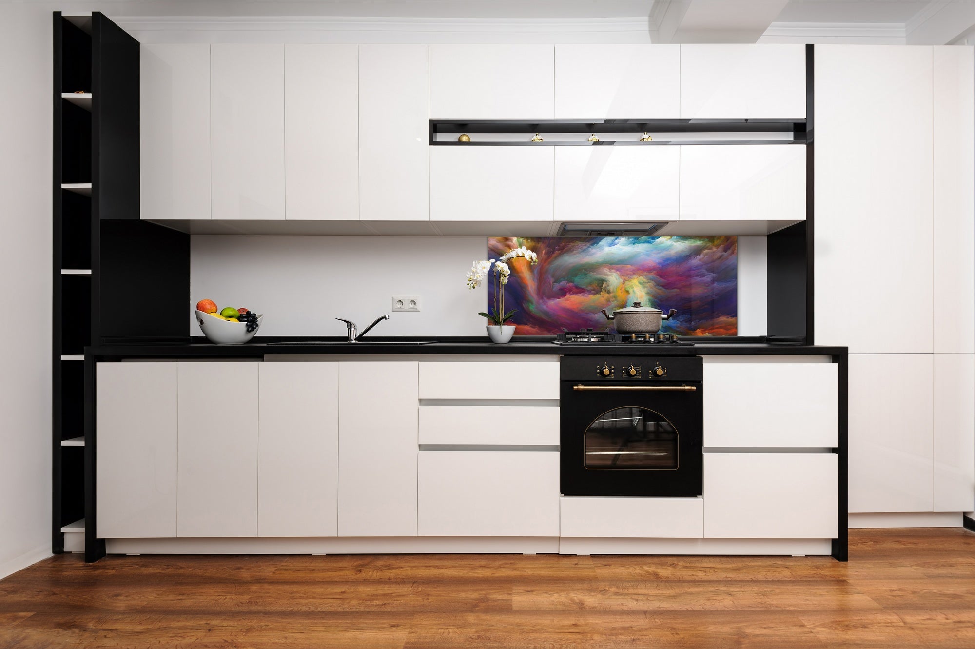 Glass kitchen panel with and w/o stainless steel back-coating: Visions of digital paint