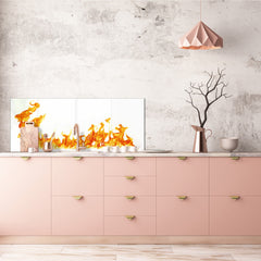 Glass kitchen panel with and w/o stainless steel back-coating: Fire flames