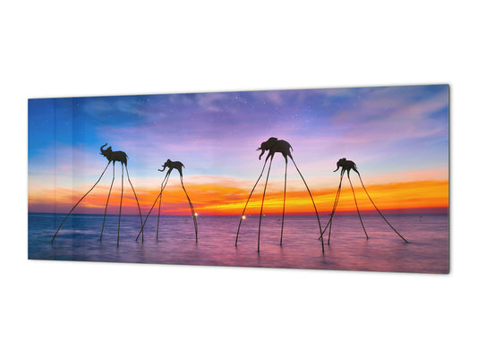 Glass kitchen panel with and w/o stainless steel back-coating: Dali´s elephants in the ocean