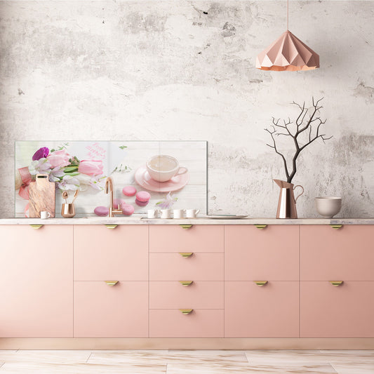 Glass kitchen panel with and w/o stainless steel back-coating: Tulips and cup of coffee