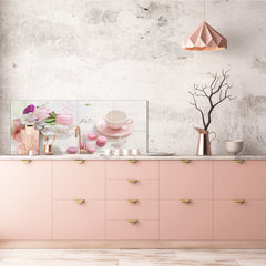 Glass kitchen panel with and w/o stainless steel back-coating: Tulips and cup of coffee