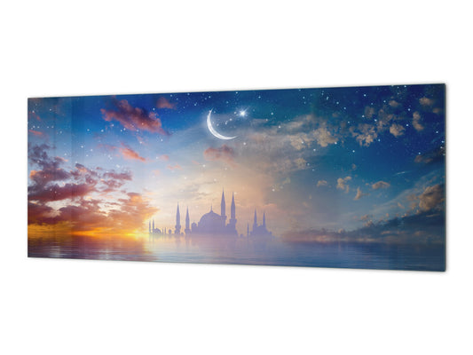 Glass kitchen panel with and w/o stainless steel back-coating: Ramadan Kareem - Mosque silhouettes