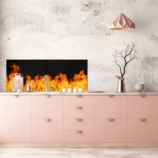 Glass kitchen panel with and w/o stainless steel back-coating: Fire flames collection