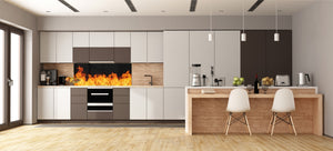 Glass kitchen panel with and w/o stainless steel back-coating: Fire flames collection
