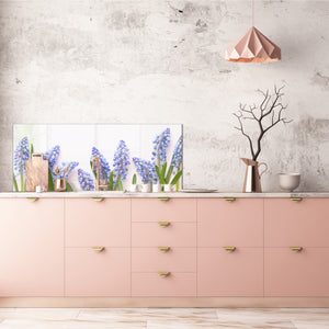 Glass kitchen panel with and w/o stainless steel back-coating: Blue muscari flowers