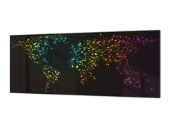 Glass backsplash w/ and w/o metal sheet backing with magnetic properties: Neon glowing world map