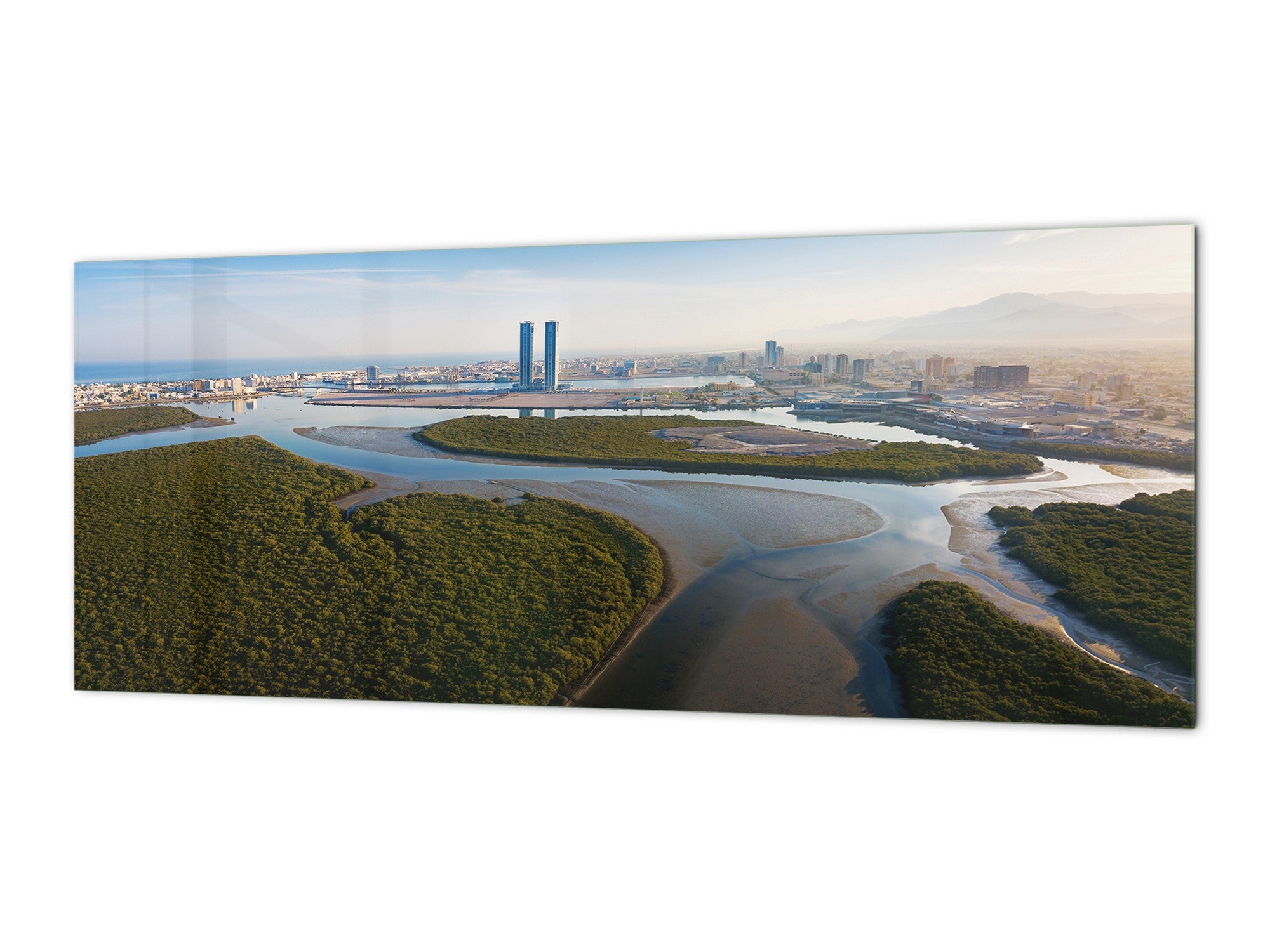 Glass backsplash w/ and w/o metal sheet backing with magnetic properties: Panoramic view of Ras al Khaimah