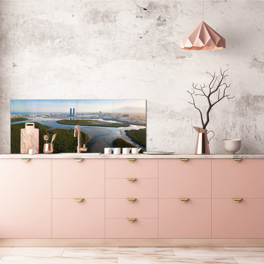 Glass backsplash w/ and w/o metal sheet backing with magnetic properties: Panoramic view of Ras al Khaimah
