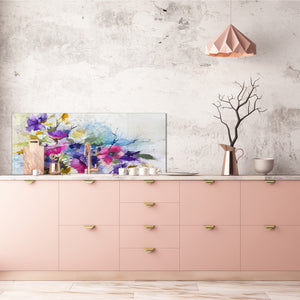 Glass backsplash w/ and w/o metal sheet backing with magnetic properties: Abstract spring flowers