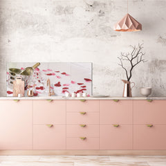 Glass backsplash w/ and w/o metal sheet backing with magnetic properties: Wine in bed