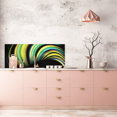 Glass backsplash w/ and w/o metal sheet backing with magnetic properties: Fluid color swirls