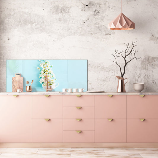 Glass backsplash w/ and w/o metal sheet backing with magnetic properties: Cup with Jasmine