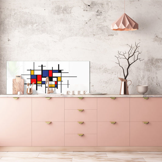 Large format horizontal backsplash - magnetic and non magnetic tempered glass: Abstract painting in Piet Mondrian's style