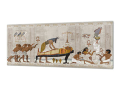 Large format horizontal backsplash - magnetic and non magnetic tempered glass: Anubis and pharaoh sarcophagus