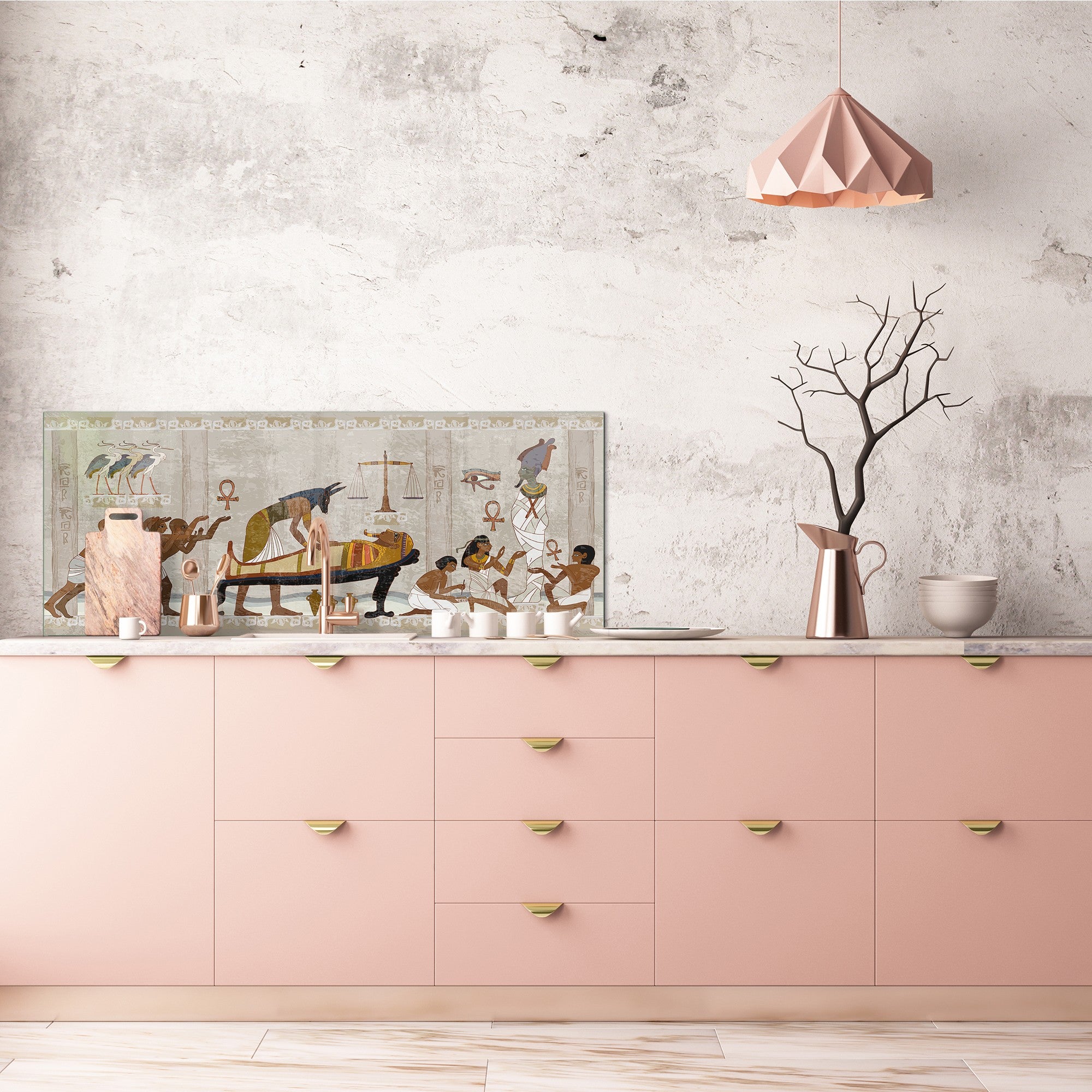 Large format horizontal backsplash - magnetic and non magnetic tempered glass: Anubis and pharaoh sarcophagus