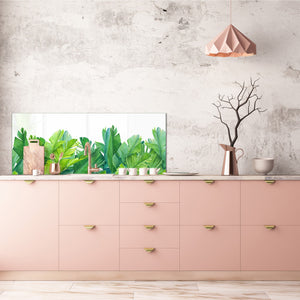 Large format horizontal backsplash - magnetic and non magnetic tempered glass: Green palm leaves