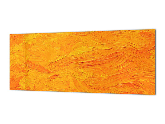 Glass splashback with metal backing in wide format - Kitchen tempered glass panel: Orange-yellow oil tempera