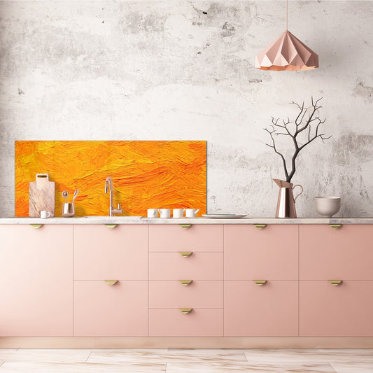 Glass splashback with metal backing in wide format - Kitchen tempered glass panel: Orange-yellow oil tempera