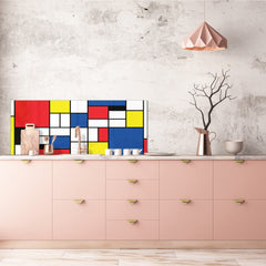 Glass splashback with metal backing in wide format - Kitchen tempered glass panel: Checkered Piet Mondrian style
