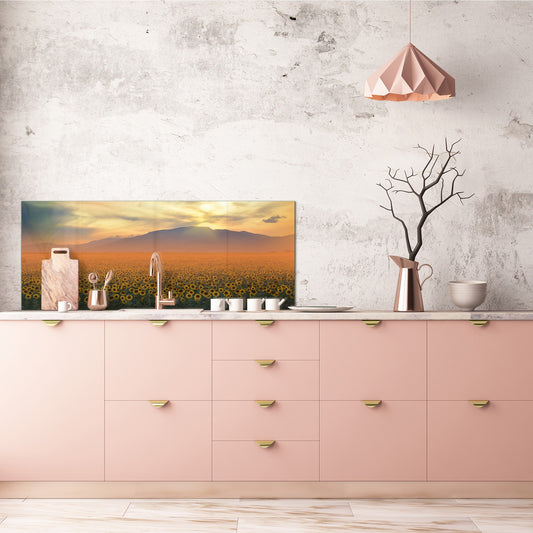 Glass splashback with metal backing in wide format - Kitchen tempered glass panel: Sunflower field at sunset