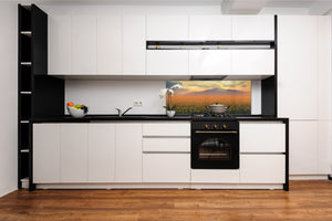 Glass splashback with metal backing in wide format - Kitchen tempered glass panel: Sunflower field at sunset