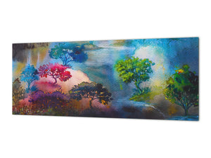 Glass splashback with metal backing in wide format - Kitchen tempered glass panel: Painting in colorful woods