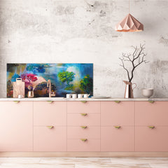 Glass splashback with metal backing in wide format - Kitchen tempered glass panel: Painting in colorful woods