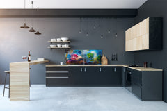 Glass splashback with metal backing in wide format - Kitchen tempered glass panel: Painting in colorful woods