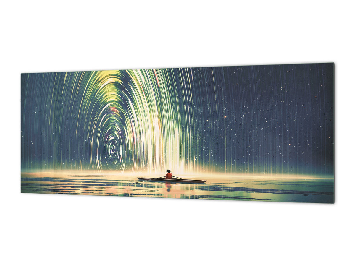 Glass splashback with metal backing in wide format - Kitchen tempered glass panel: Rowing a boat in the sea