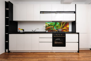Glass splashback with metal backing in wide format - Kitchen tempered glass panel: Wavy forms  modern art