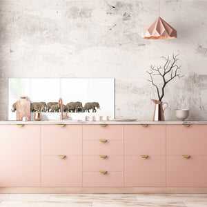 Glass splashback with metal backing in wide format - Kitchen tempered glass panel: Herd of African elephants