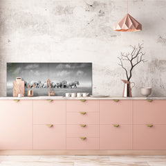 Glass splashback with metal backing in wide format - Kitchen tempered glass panel: Herd of African elephants 2